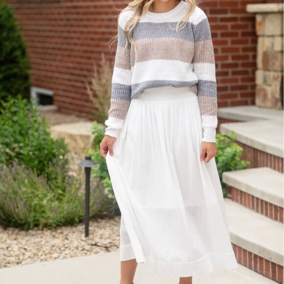 P cill Inherit Clothing Company Classic White Textured Cotton Lined Midi Skirt M - Picture 1 of 16